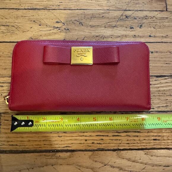Prada Saffiano Bow Zip Around Continental Red Wallet GHW - Picture 10 of 11